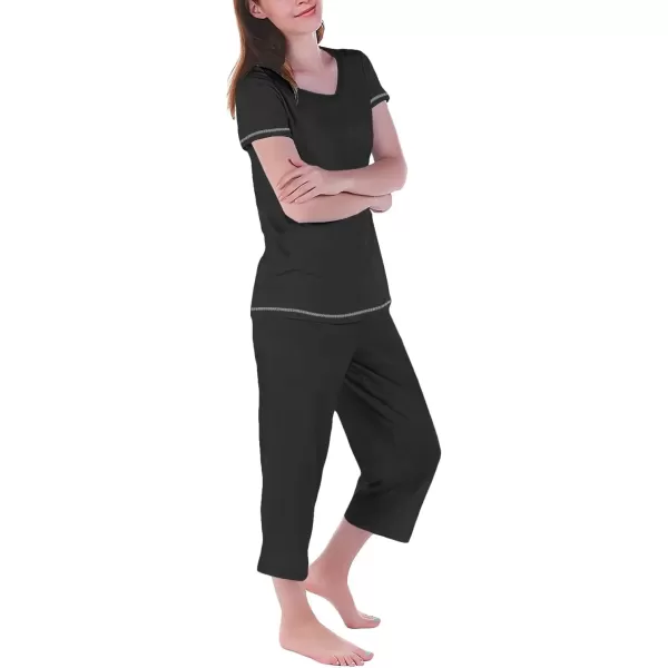 imageEkouaer 2 Pack Womens Sleepwear Capri Pajama Sets Short Sleeve TwoPiece Pjs V Neck Tops ampamp Capri Pants with Pockets S3XLBlack Flowerblack
