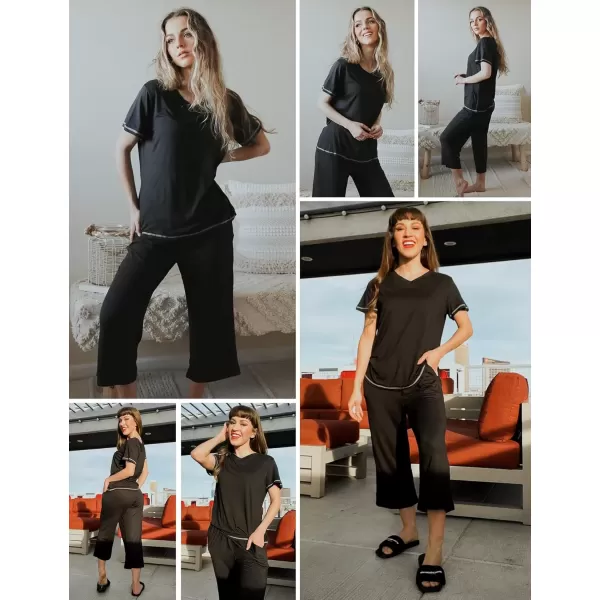 imageEkouaer 2 Pack Womens Sleepwear Capri Pajama Sets Short Sleeve TwoPiece Pjs V Neck Tops ampamp Capri Pants with Pockets S3XLBlackgrey Star