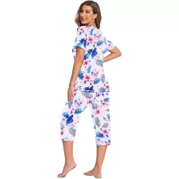 imageEkouaer 2 Pack Womens Sleepwear Capri Pajama Sets Short Sleeve TwoPiece Pjs V Neck Tops ampamp Capri Pants with Pockets S3XLFloral Blueblue Floral
