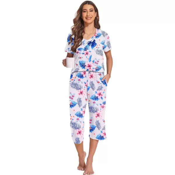 imageEkouaer 2 Pack Womens Sleepwear Capri Pajama Sets Short Sleeve TwoPiece Pjs V Neck Tops ampamp Capri Pants with Pockets S3XLFloral Blueblue Floral