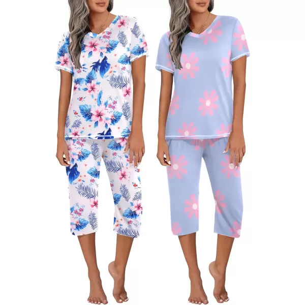 imageEkouaer 2 Pack Womens Sleepwear Capri Pajama Sets Short Sleeve TwoPiece Pjs V Neck Tops ampamp Capri Pants with Pockets S3XLFloral Blueblue Floral