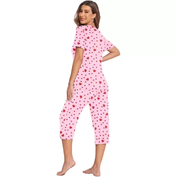 imageEkouaer 2 Pack Womens Sleepwear Capri Pajama Sets Short Sleeve TwoPiece Pjs V Neck Tops ampamp Capri Pants with Pockets S3XLFlyingheart