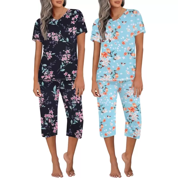 imageEkouaer 2 Pack Womens Sleepwear Capri Pajama Sets Short Sleeve TwoPiece Pjs V Neck Tops ampamp Capri Pants with Pockets S3XLGreen Flowersblack Big Flowers