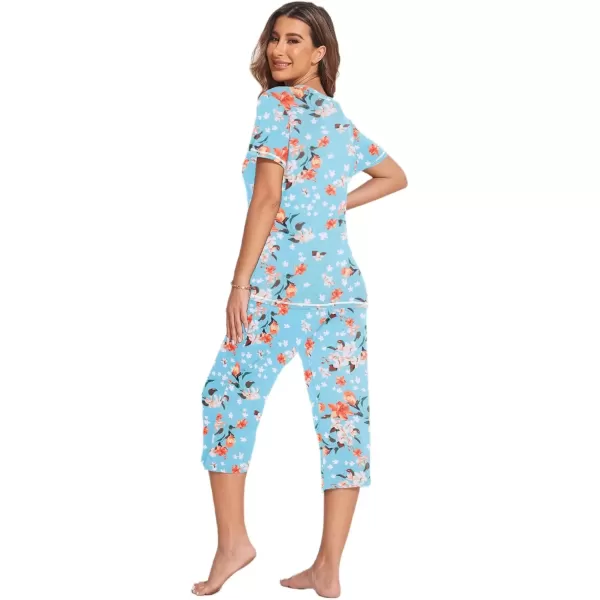 imageEkouaer 2 Pack Womens Sleepwear Capri Pajama Sets Short Sleeve TwoPiece Pjs V Neck Tops ampamp Capri Pants with Pockets S3XLGreen Flowersblack Big Flowers
