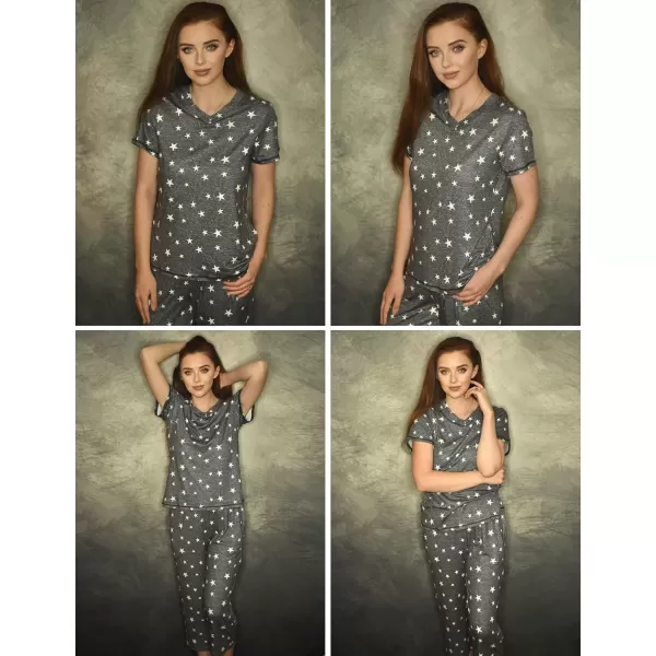 imageEkouaer 2 Pack Womens Sleepwear Capri Pajama Sets Short Sleeve TwoPiece Pjs V Neck Tops ampamp Capri Pants with Pockets S3XLGrey Starleopard