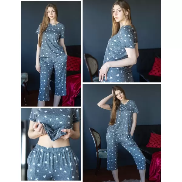 imageEkouaer 2 Pack Womens Sleepwear Capri Pajama Sets Short Sleeve TwoPiece Pjs V Neck Tops ampamp Capri Pants with Pockets S3XLLeaf Pinkgrey Star