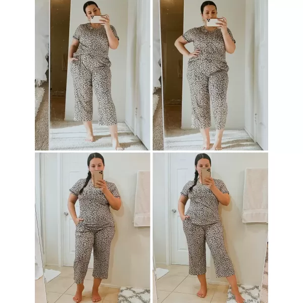 imageEkouaer 2 Pack Womens Sleepwear Capri Pajama Sets Short Sleeve TwoPiece Pjs V Neck Tops ampamp Capri Pants with Pockets S3XLLeopardblack
