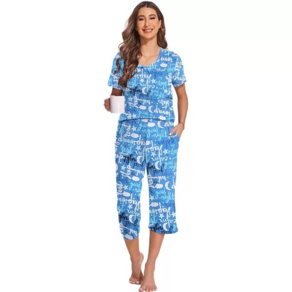 imageEkouaer 2 Pack Womens Sleepwear Capri Pajama Sets Short Sleeve TwoPiece Pjs V Neck Tops ampamp Capri Pants with Pockets S3XLOwlsenjoy Night