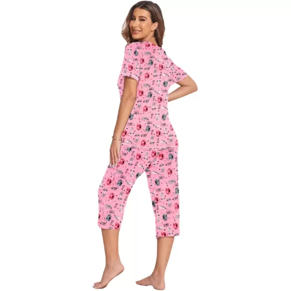 imageEkouaer 2 Pack Womens Sleepwear Capri Pajama Sets Short Sleeve TwoPiece Pjs V Neck Tops ampamp Capri Pants with Pockets S3XLPink Catlight Blue Cat