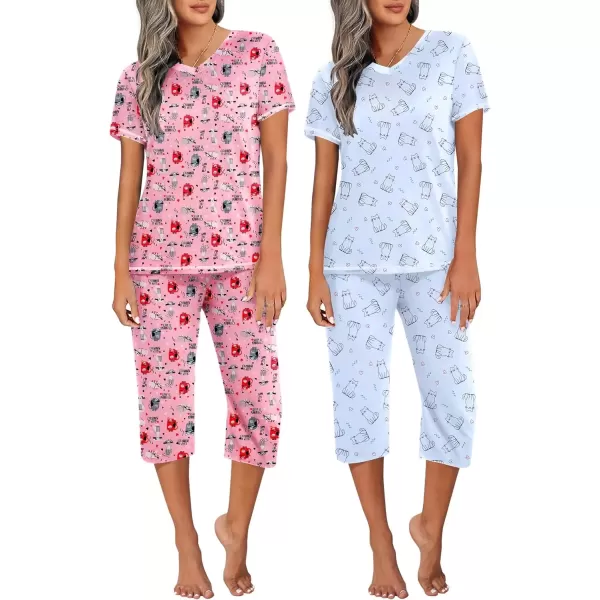 imageEkouaer 2 Pack Womens Sleepwear Capri Pajama Sets Short Sleeve TwoPiece Pjs V Neck Tops ampamp Capri Pants with Pockets S3XLPink Catlight Blue Cat