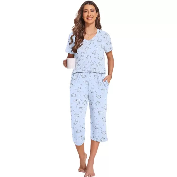 imageEkouaer 2 Pack Womens Sleepwear Capri Pajama Sets Short Sleeve TwoPiece Pjs V Neck Tops ampamp Capri Pants with Pockets S3XLPink Catlight Blue Cat