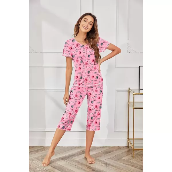 imageEkouaer 2 Pack Womens Sleepwear Capri Pajama Sets Short Sleeve TwoPiece Pjs V Neck Tops ampamp Capri Pants with Pockets S3XLPink Catlight Blue Cat