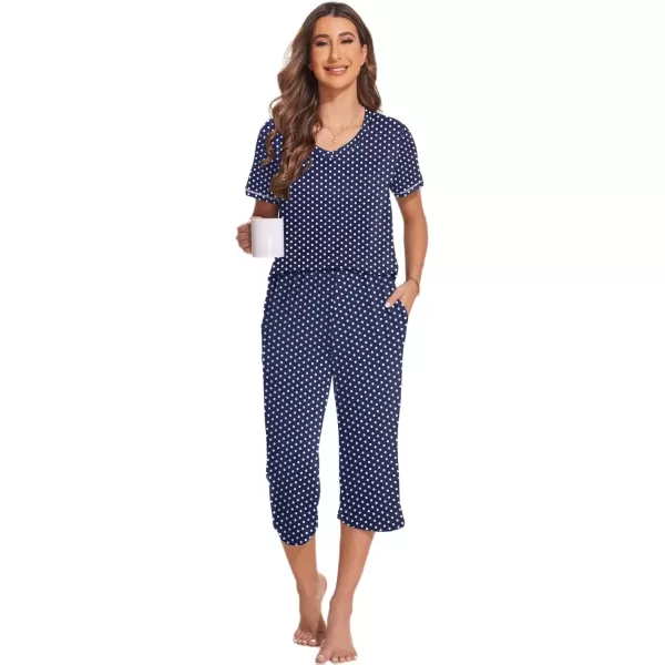 imageEkouaer 2 Pack Womens Sleepwear Capri Pajama Sets Short Sleeve TwoPiece Pjs V Neck Tops ampamp Capri Pants with Pockets S3XLRed Stripeblue Polka Dot