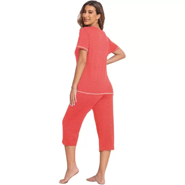 imageEkouaer 2 Pack Womens Sleepwear Capri Pajama Sets Short Sleeve TwoPiece Pjs V Neck Tops ampamp Capri Pants with Pockets S3XLRed Stripeblue Polka Dot