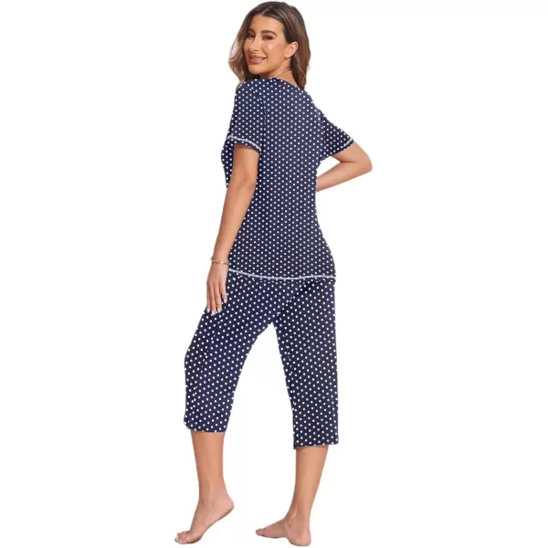 imageEkouaer 2 Pack Womens Sleepwear Capri Pajama Sets Short Sleeve TwoPiece Pjs V Neck Tops ampamp Capri Pants with Pockets S3XLRed Stripeblue Polka Dot