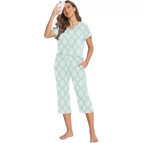 imageEkouaer 2 Pack Womens Sleepwear Capri Pajama Sets Short Sleeve TwoPiece Pjs V Neck Tops ampamp Capri Pants with Pockets S3XLRed Yellow Flowerlight Green Flower