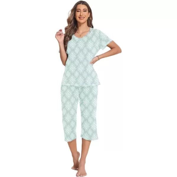 imageEkouaer 2 Pack Womens Sleepwear Capri Pajama Sets Short Sleeve TwoPiece Pjs V Neck Tops ampamp Capri Pants with Pockets S3XLRed Yellow Flowerlight Green Flower