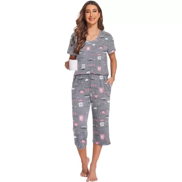 imageEkouaer 2 Pack Womens Sleepwear Capri Pajama Sets Short Sleeve TwoPiece Pjs V Neck Tops ampamp Capri Pants with Pockets S3XLStarcoffee