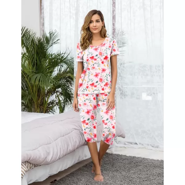 imageEkouaer 2 Pack Womens Sleepwear Capri Pajama Sets Short Sleeve TwoPiece Pjs V Neck Tops ampamp Capri Pants with Pockets S3XLTie Dyefloral
