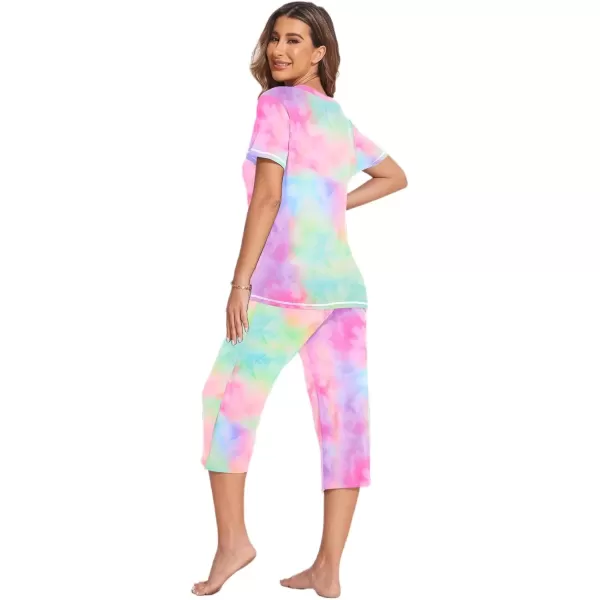 imageEkouaer 2 Pack Womens Sleepwear Capri Pajama Sets Short Sleeve TwoPiece Pjs V Neck Tops ampamp Capri Pants with Pockets S3XLTie Dyefloral