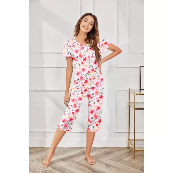 imageEkouaer 2 Pack Womens Sleepwear Capri Pajama Sets Short Sleeve TwoPiece Pjs V Neck Tops ampamp Capri Pants with Pockets S3XLTie Dyefloral