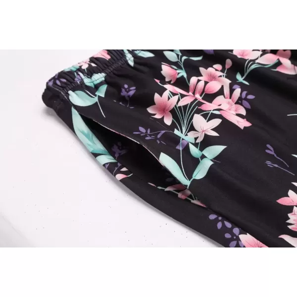 imageEkouaer 3 PCS Capri Pajamas for Women Set Short Sleeve Pajama Sets Floral Pj Sets Soft Sleepwear with PocketsBlack Flowers