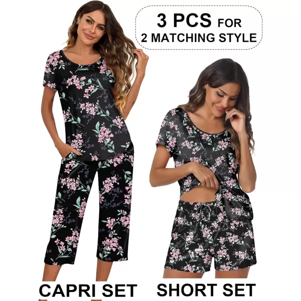 imageEkouaer 3 PCS Capri Pajamas for Women Set Short Sleeve Pajama Sets Floral Pj Sets Soft Sleepwear with PocketsBlack Flowers