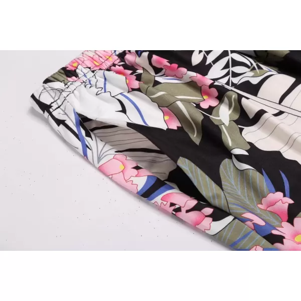 imageEkouaer 3 PCS Capri Pajamas for Women Set Short Sleeve Pajama Sets Floral Pj Sets Soft Sleepwear with PocketsBlack Leaves