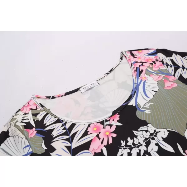 imageEkouaer 3 PCS Capri Pajamas for Women Set Short Sleeve Pajama Sets Floral Pj Sets Soft Sleepwear with PocketsBlack Leaves