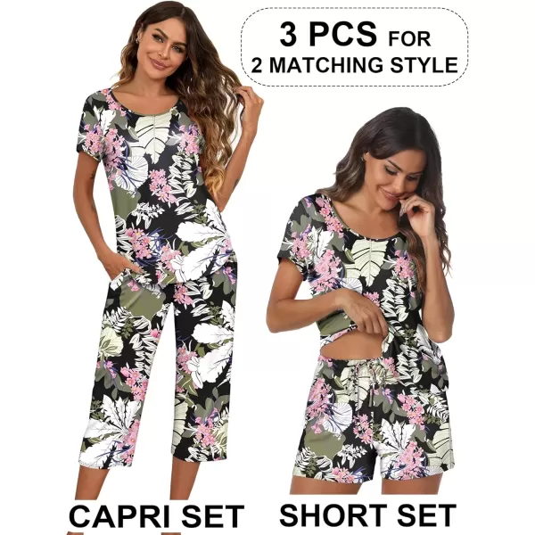 imageEkouaer 3 PCS Capri Pajamas for Women Set Short Sleeve Pajama Sets Floral Pj Sets Soft Sleepwear with PocketsBlack Leaves