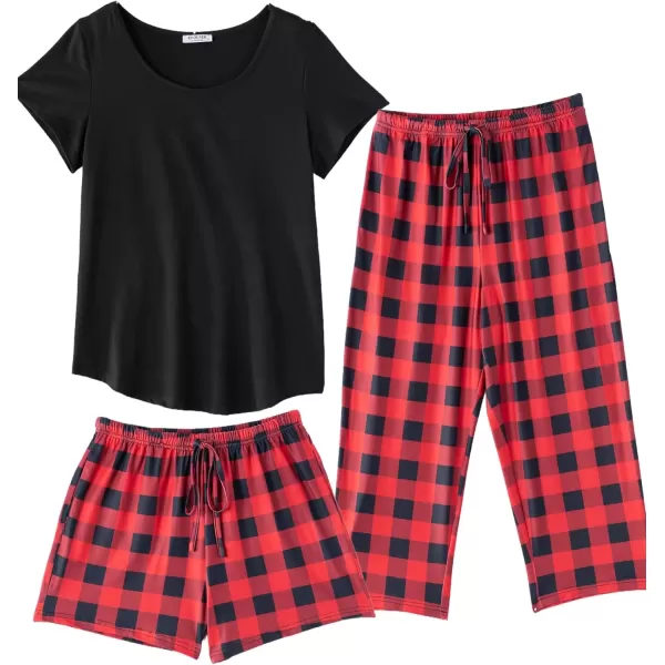 imageEkouaer 3 PCS Capri Pajamas for Women Set Short Sleeve Pajama Sets Floral Pj Sets Soft Sleepwear with PocketsBlack Red Plaid