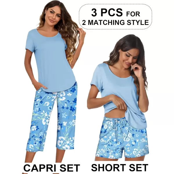 imageEkouaer 3 PCS Capri Pajamas for Women Set Short Sleeve Pajama Sets Floral Pj Sets Soft Sleepwear with PocketsBlue Flowers