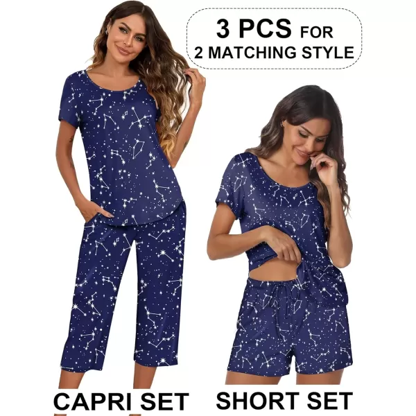 imageEkouaer 3 PCS Capri Pajamas for Women Set Short Sleeve Pajama Sets Floral Pj Sets Soft Sleepwear with PocketsBlue Stars