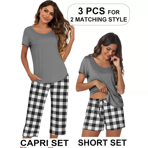 imageEkouaer 3 PCS Capri Pajamas for Women Set Short Sleeve Pajama Sets Floral Pj Sets Soft Sleepwear with PocketsDark Grey Plaid