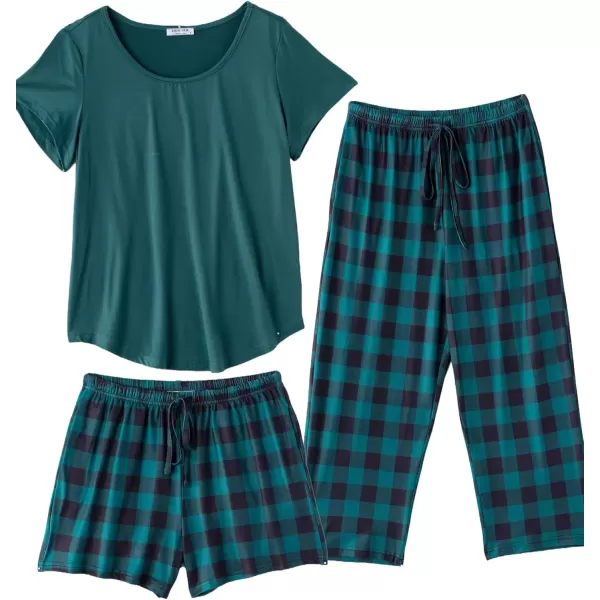 imageEkouaer 3 PCS Capri Pajamas for Women Set Short Sleeve Pajama Sets Floral Pj Sets Soft Sleepwear with PocketsDeep Green Plaid