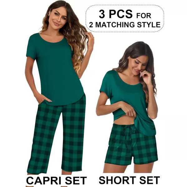 imageEkouaer 3 PCS Capri Pajamas for Women Set Short Sleeve Pajama Sets Floral Pj Sets Soft Sleepwear with PocketsDeep Green Plaid