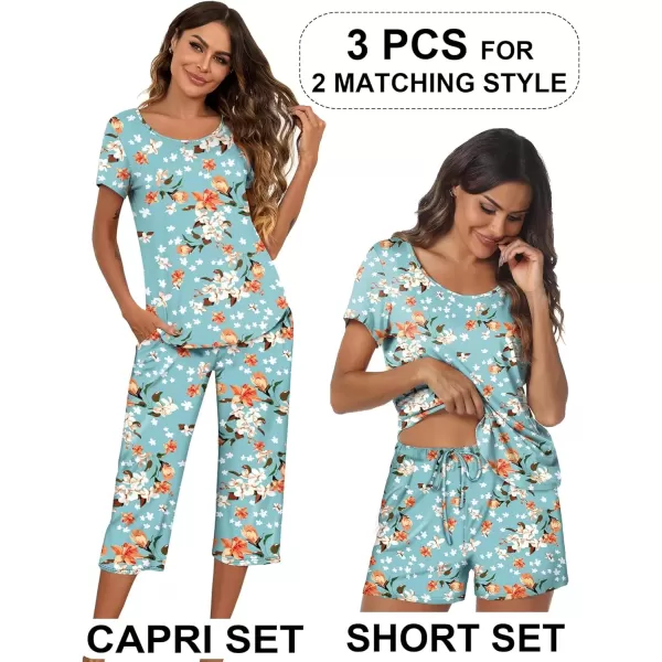 imageEkouaer 3 PCS Capri Pajamas for Women Set Short Sleeve Pajama Sets Floral Pj Sets Soft Sleepwear with PocketsGreen Flowers