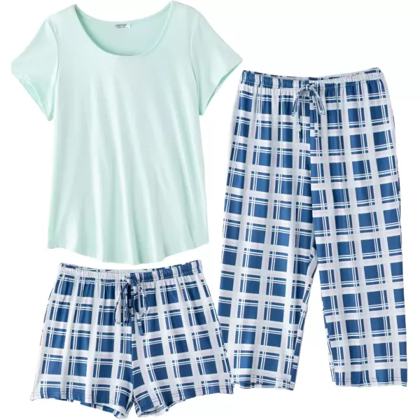 imageEkouaer 3 PCS Capri Pajamas for Women Set Short Sleeve Pajama Sets Floral Pj Sets Soft Sleepwear with PocketsLight Green Plaid