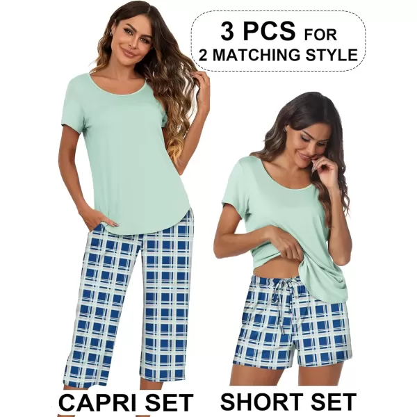 imageEkouaer 3 PCS Capri Pajamas for Women Set Short Sleeve Pajama Sets Floral Pj Sets Soft Sleepwear with PocketsLight Green Plaid