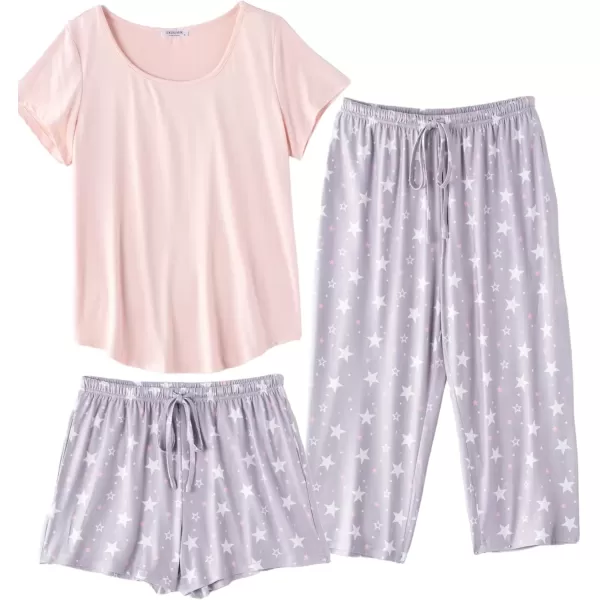 imageEkouaer 3 PCS Capri Pajamas for Women Set Short Sleeve Pajama Sets Floral Pj Sets Soft Sleepwear with PocketsLight Pink