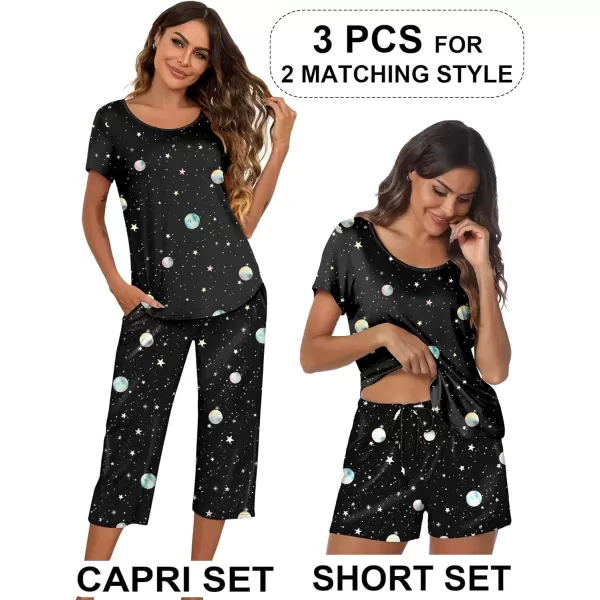 imageEkouaer 3 PCS Capri Pajamas for Women Set Short Sleeve Pajama Sets Floral Pj Sets Soft Sleepwear with PocketsMoon and Star