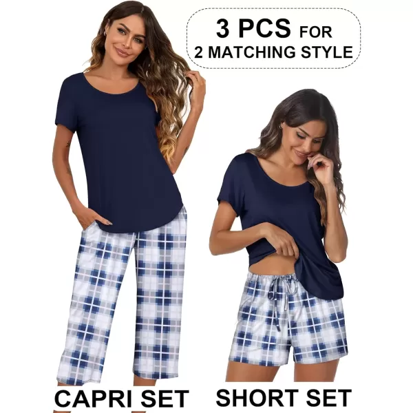 imageEkouaer 3 PCS Capri Pajamas for Women Set Short Sleeve Pajama Sets Floral Pj Sets Soft Sleepwear with PocketsNavy Plaid
