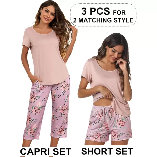 imageEkouaer 3 PCS Capri Pajamas for Women Set Short Sleeve Pajama Sets Floral Pj Sets Soft Sleepwear with PocketsPink Flowers