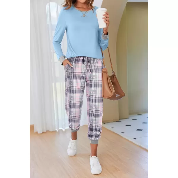 imageEkouaer Pajamas Set for Women Long Sleeve Crew Neck Comfy Pjs Lounge Sets With PocketsAqua Blue Plaid