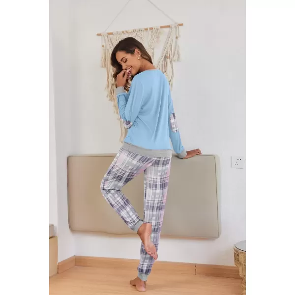 imageEkouaer Pajamas Set for Women Long Sleeve Crew Neck Comfy Pjs Lounge Sets With PocketsAqua Blue Plaid