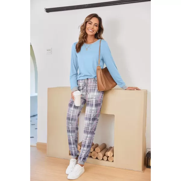 imageEkouaer Pajamas Set for Women Long Sleeve Crew Neck Comfy Pjs Lounge Sets With PocketsAqua Blue Plaid
