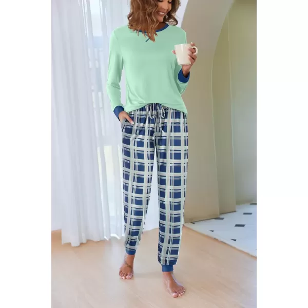 imageEkouaer Pajamas Set for Women Long Sleeve Crew Neck Comfy Pjs Lounge Sets With PocketsAqua Green Plaid