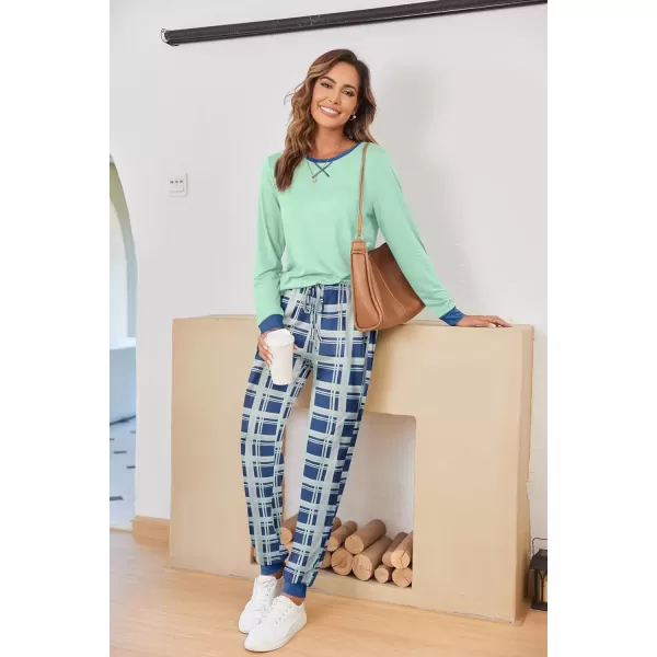 imageEkouaer Pajamas Set for Women Long Sleeve Crew Neck Comfy Pjs Lounge Sets With PocketsAqua Green Plaid