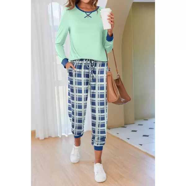imageEkouaer Pajamas Set for Women Long Sleeve Crew Neck Comfy Pjs Lounge Sets With PocketsAqua Green Plaid