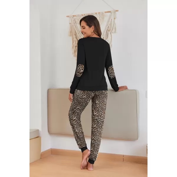 imageEkouaer Pajamas Set for Women Long Sleeve Crew Neck Comfy Pjs Lounge Sets With PocketsBlack Leopard